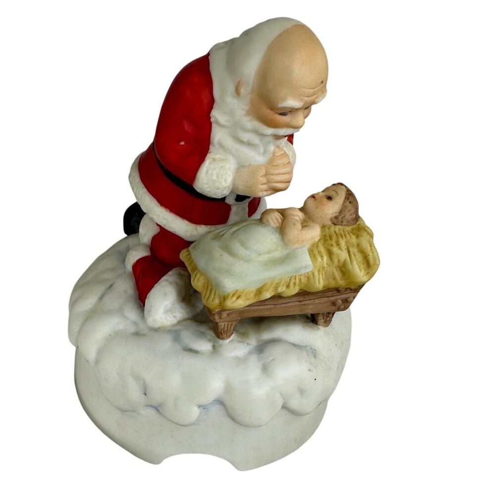 Roman Inc Kneeling Santa Porcelain Music Box Baby Jesus Nativity 1983